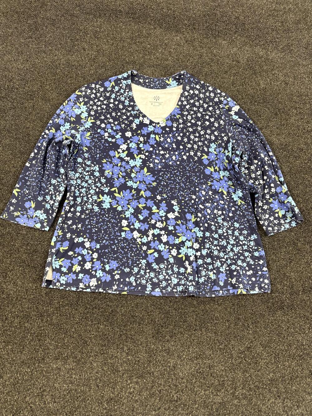 Isaac Mizrahi Live Shirt Womens L Blue Floral V Neck 3/4 Sleeve Jersey Top